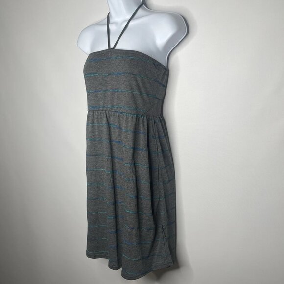 Hurley Halter Dress Sundress Size M Mini Gray Blue Striped Knit Smocked Mesh - Picture 7 of 8